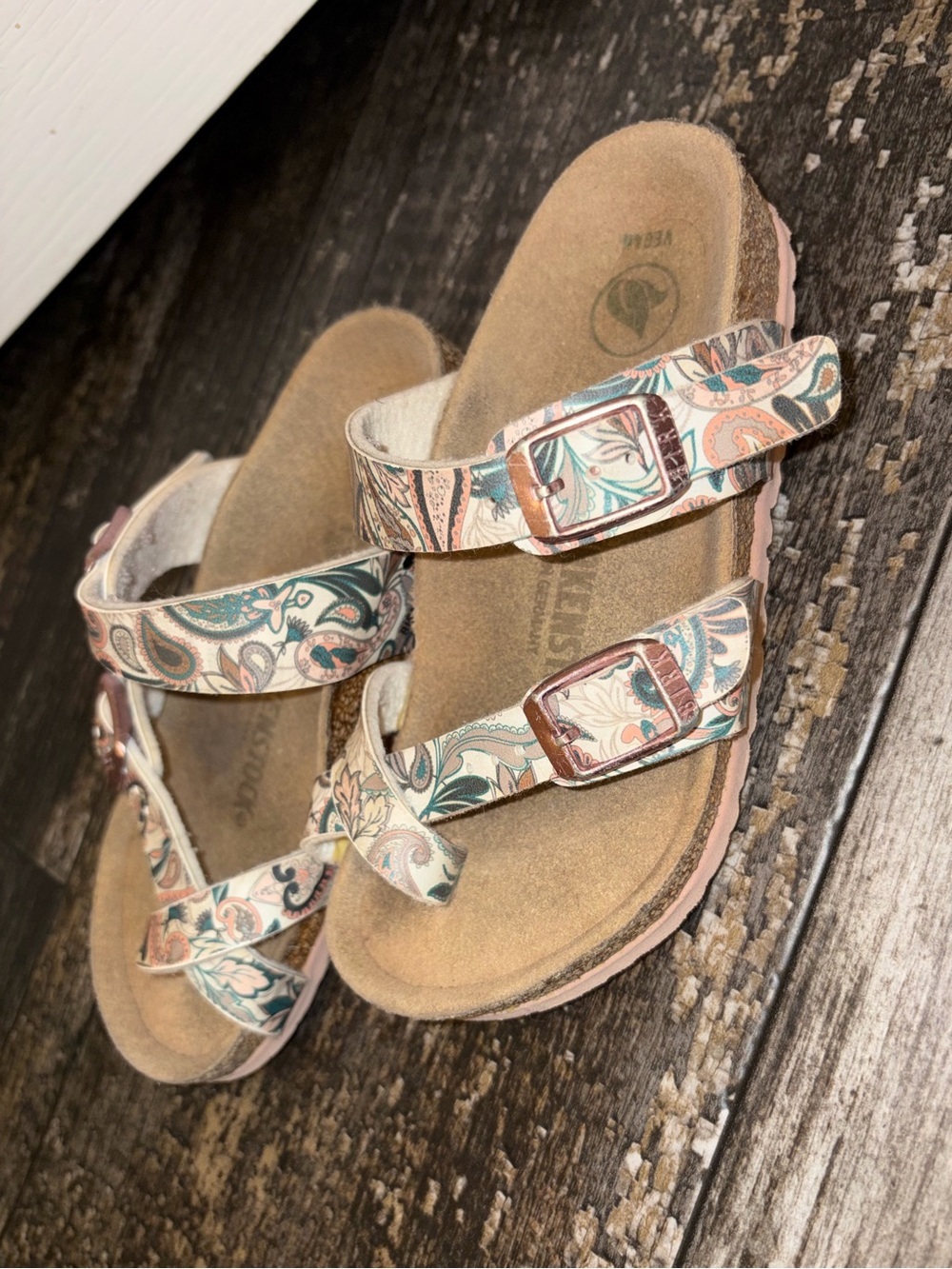 Birkenstocks Paisley Patterned Two-Strap Sandals in Cream, Teal & Peach sz 10.5